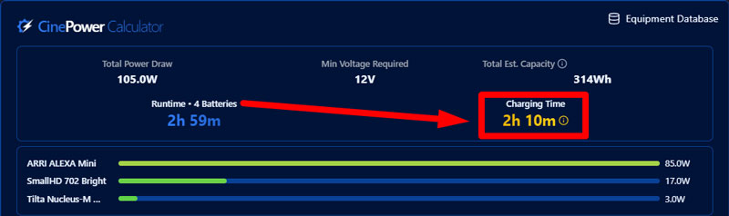 Running through different battery counts offers a look at how charging times stack up on CinePower Calculator